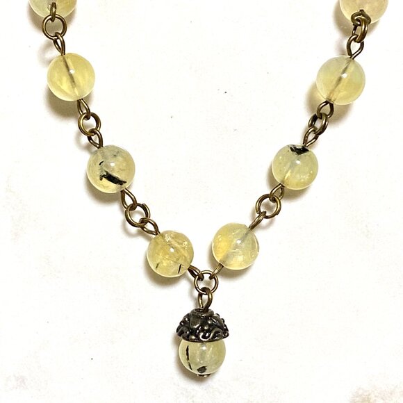 Natural Yellow Green Prehnite Necklace, Cute Bronze Acorn + Genuine Gemstone - Picture 4 of 16